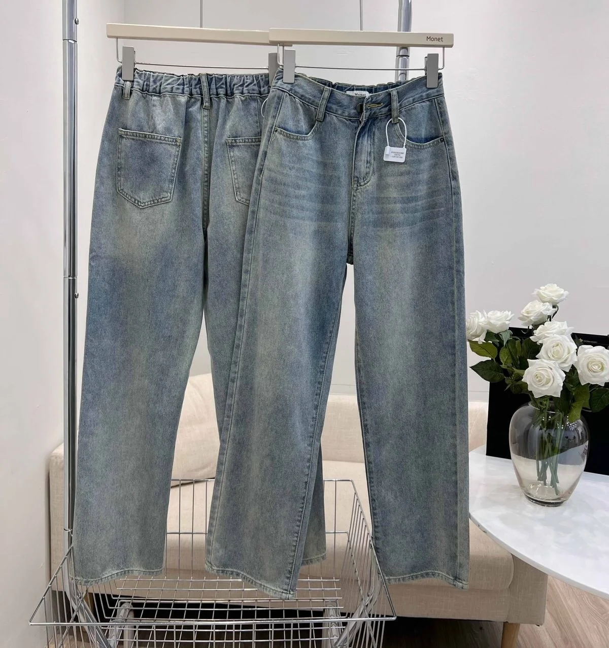 Elastic Waist Washed Thin Boyfriend Jeans Summer Loose Straight Mop Wide Leg Jeans