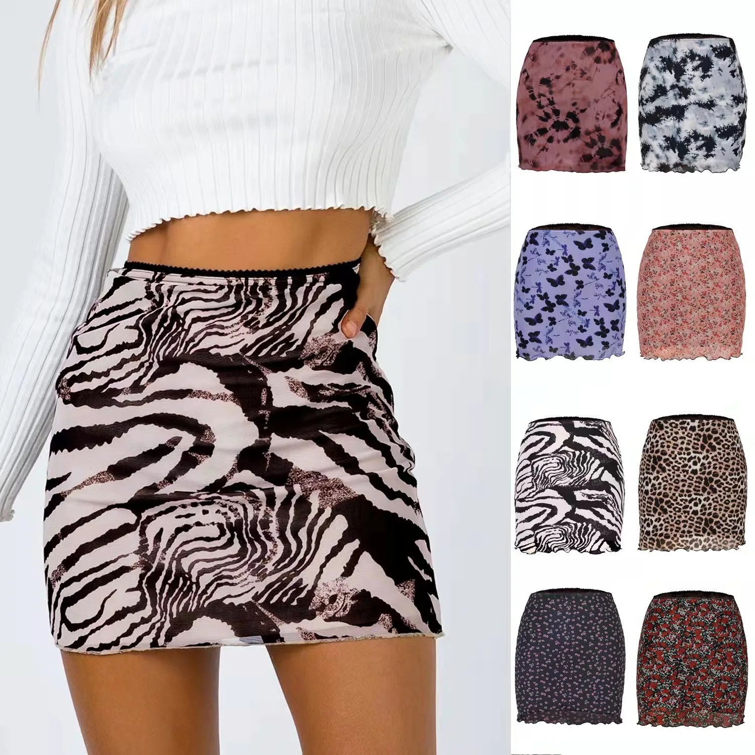 

Spring/summer 2022 hot print gauze skirt high waist double-layer slim bag hip skirt women's sexy mini skirt Street hipsters