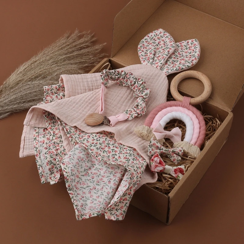 

1 Set Baby Wooden Rainbow Teether Toddler Pacifier Dummy Clips Gym Ring Handmade Girls Hairpin Infant Soothe Appease Towel Gift