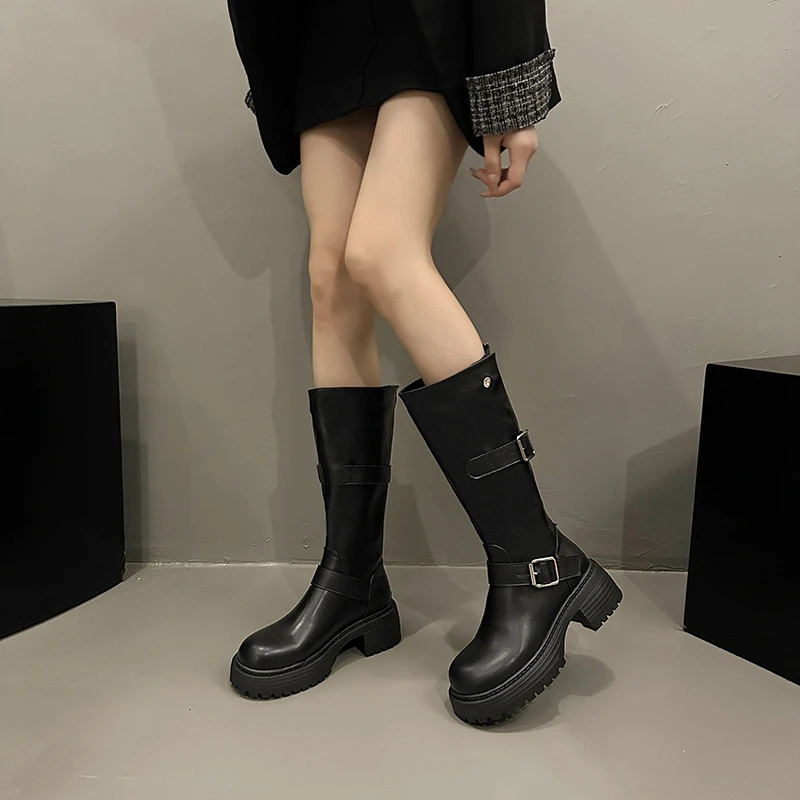 

Женские высокие сапоги, модные женские нескользящие Водонепроницаемые зимние сапоги до колена из искусственной кожи на молнии, женские высокие сапоги на массивной платформе