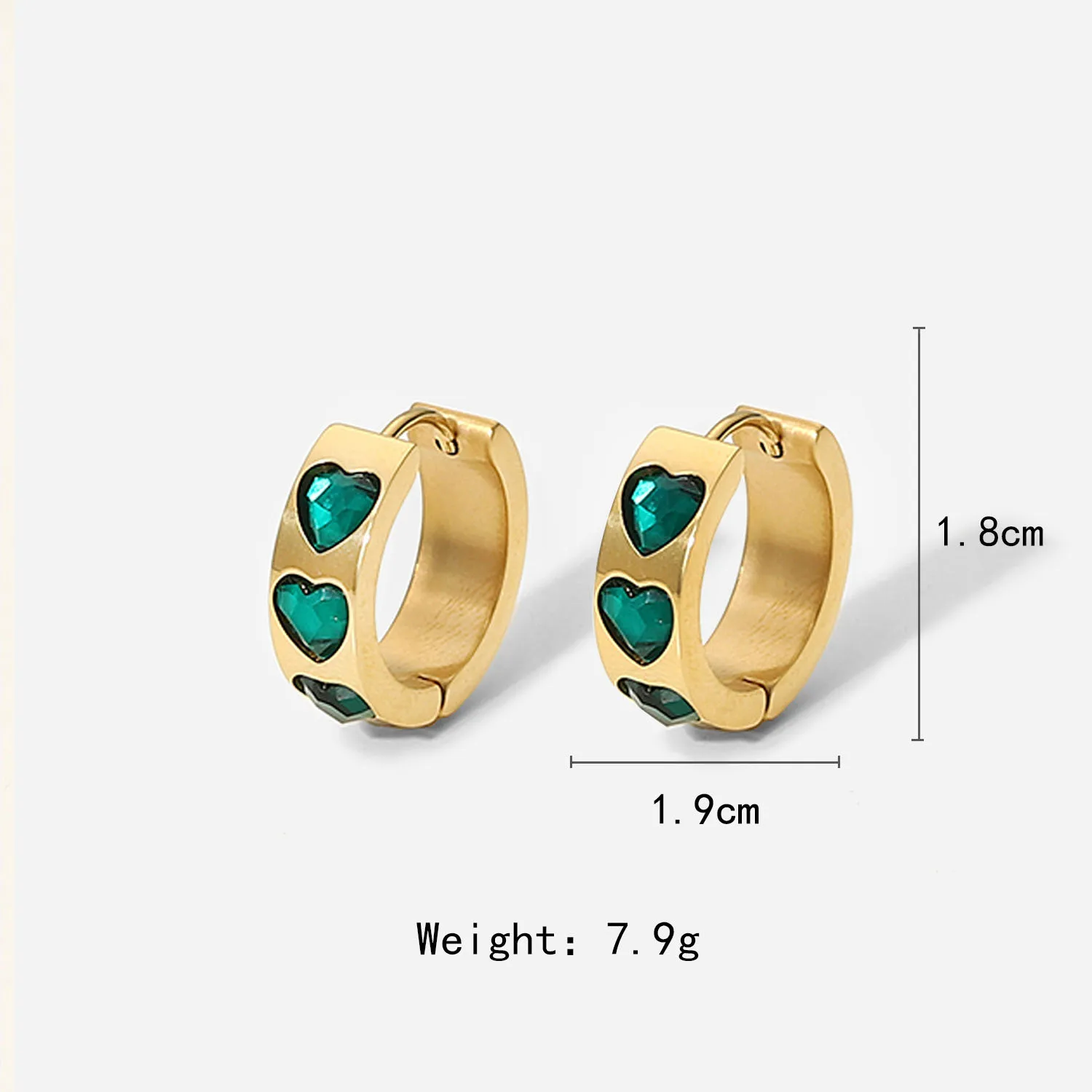 Stainless Steel PVD 18K Gold Plated Tarnish Waterproof Green Stone Heart Hoop Earring  For Woman Jewelry Wholesale Trendy