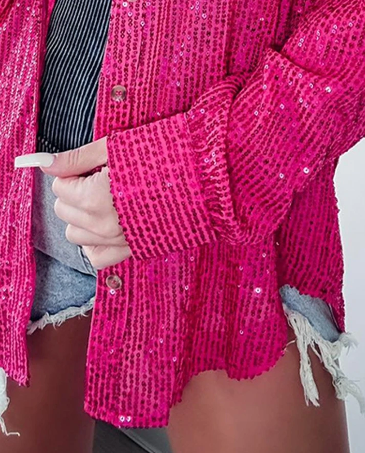 Женский Осенний модный новый топ на пуговицах с длинными рукавами и блестками