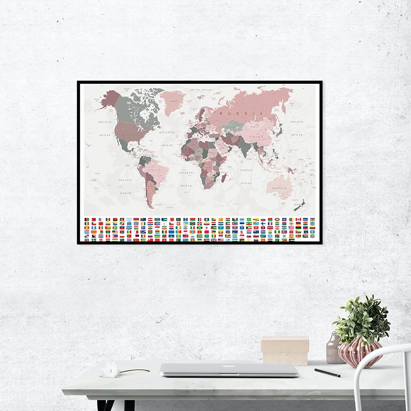 

The World Map with National Flags 84*59cm Spray Canvas Painting Retro Wall Art Poster Classroom Home Decor School Supplies