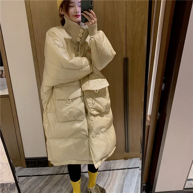 Winter New Bright Face Down Jacket Women Loose Snow Coat Women's Korean Style Loose Over The Knee Long Warm Thick Parka Coat