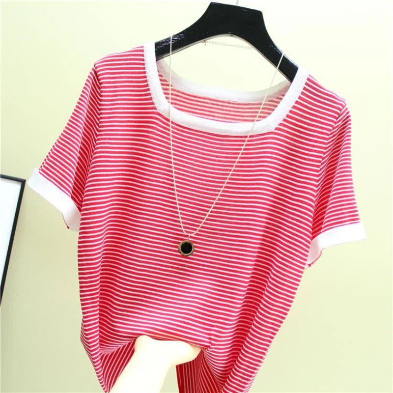 Женская трикотажная блузка из вискозы, с коротким рукавом и круглым вырезом