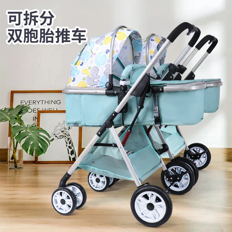 

Twin Baby Stroller Lightweight Folding Double Stroller Shock Absorber Baby Stroller High Landscape Can Sit Reclining Stroller