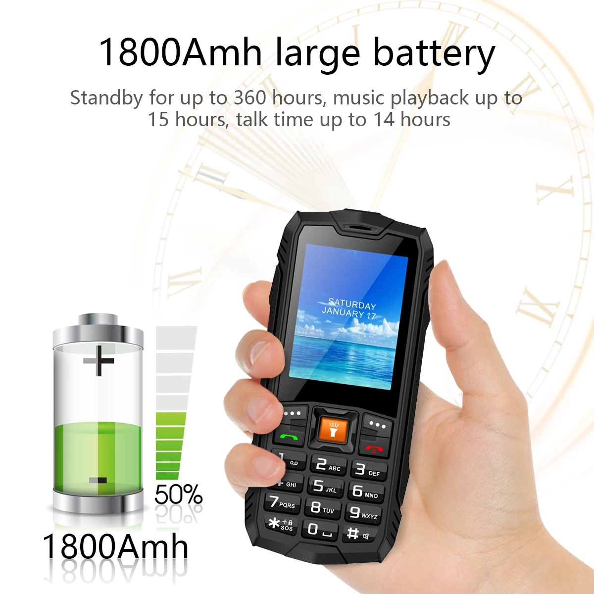 EAOR 4G Feature Phone IP68 Dust/Waterproof Big Battery Dual SIM Rugged Cellphone Push-Button Bar Phone with Glare Flashlight