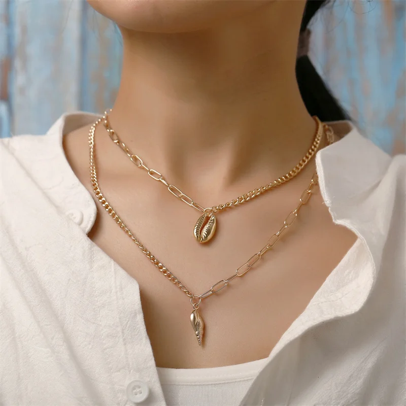 

MYJIEBIN Европейское и американское персонализированное креативное новое ожерелье в стиле ретро с золотой оболочкой кулон ракушка Двухслойное Женское Ожерелье