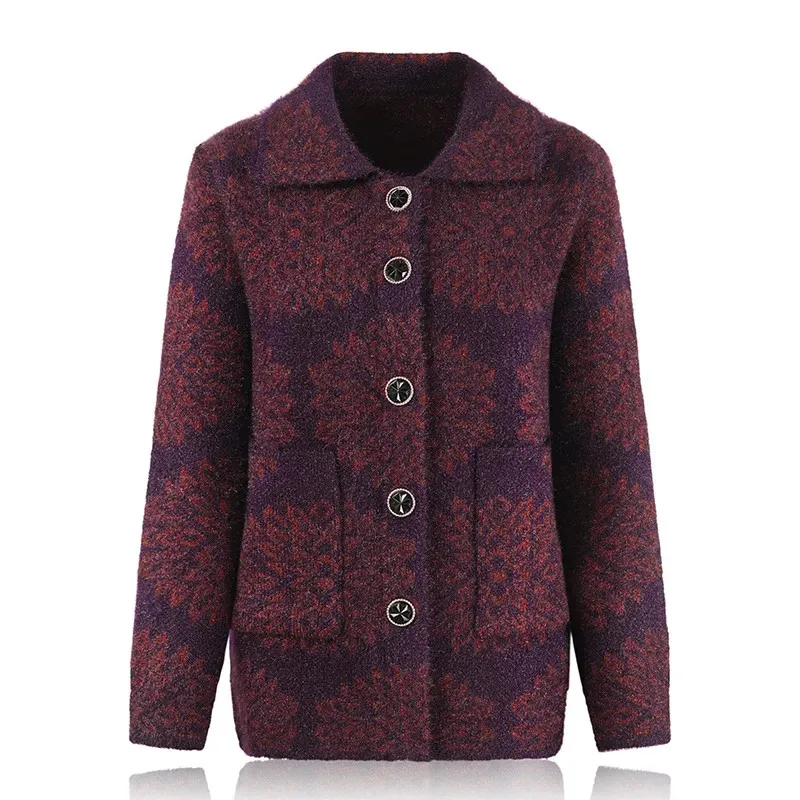 Новинка зимнее пальто с лацканами для мамы среднего возраста толстый вязаный