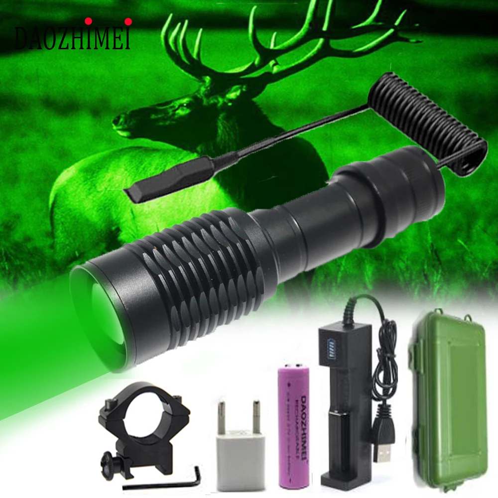 Professional Tactical Green/Red/White LED Hunting Flashlight Zoomable Scout Gun Lamp Flash Light Torch Use 18650 battery