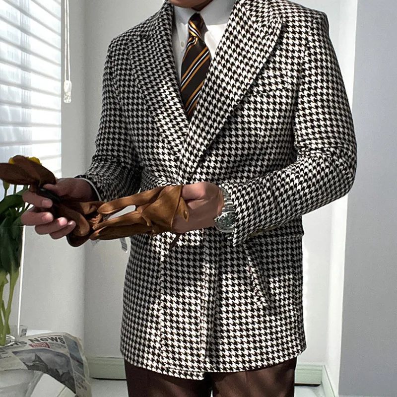 

Houndstooth Woolen Blen Dplaid Retro Blazer Hombre Casual Men's Coat Slim Long Sleeve Belt Suit Blazers Chaqueta Invierno Hombre