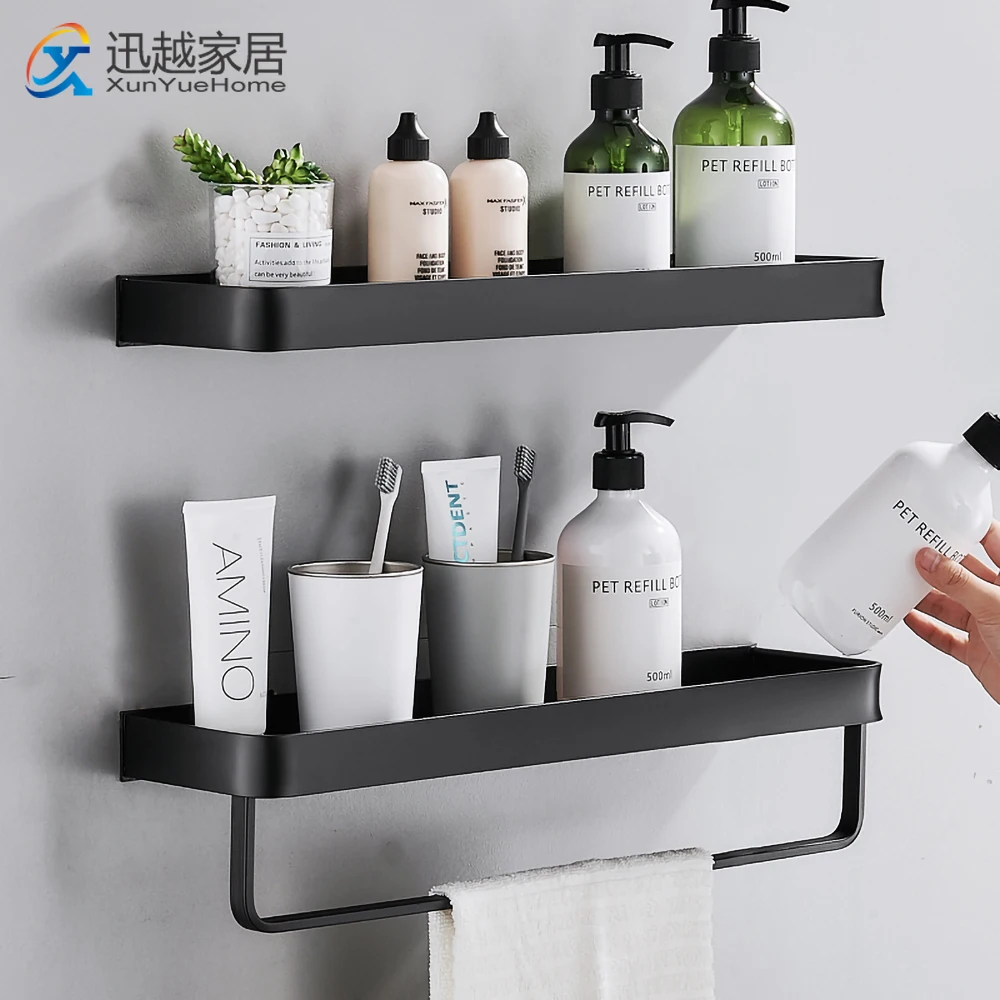 

Bathroom Shelves Wall Storage Square Spice Rack Bar Black Aluminum Hand Towel Hanger Shower Shampoo Holder Organizer Accessories