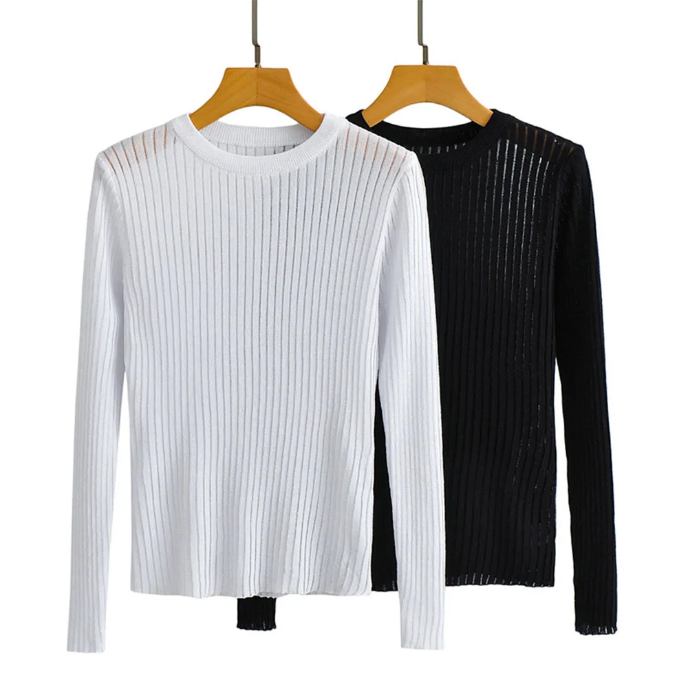 

Women's 2022 Fashion New Knitted Ice Silk Thread Top Casual Solid Color O Neck Retro Long Sleeve Female Chic Top Muejr