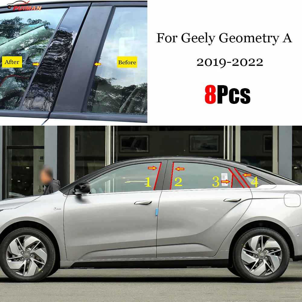 

New Arrival Hot 8PCS Polished Pillar Posts Fit For Geely Geometry A 2019 2020 2021 2022 Window Trim Cover BC Column Sticker