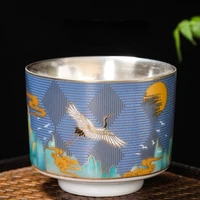 jingdezhen enamel silver teacup sterling silver liner crane tea cup kung fu tea set household tea set
