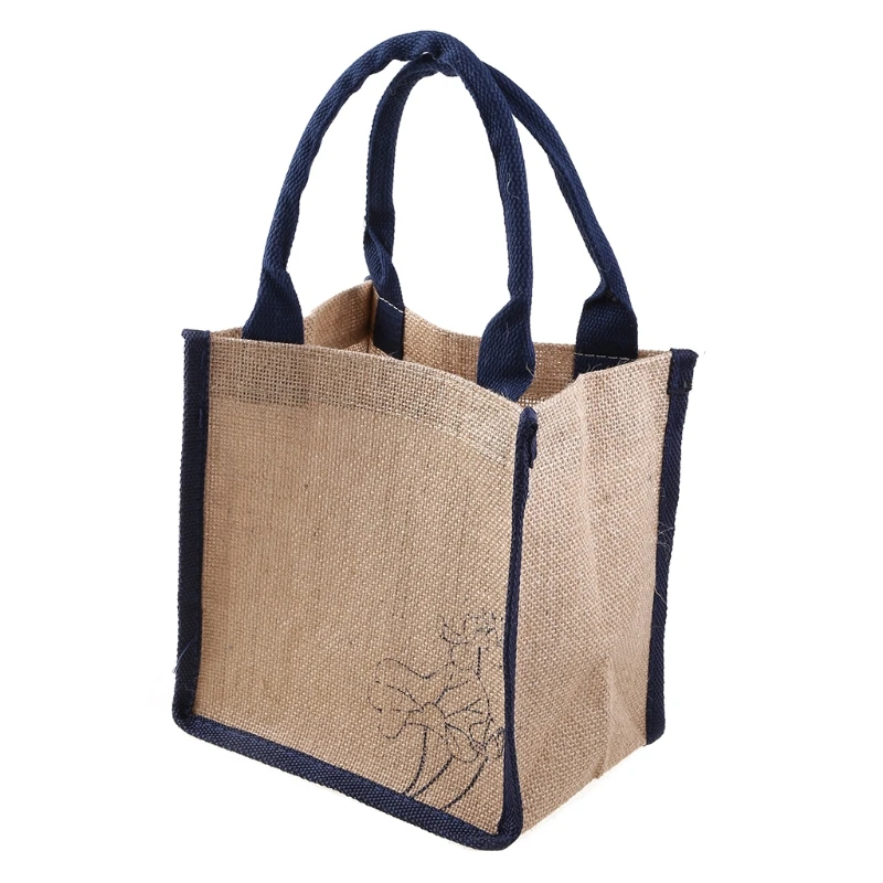 

Jute Burlap Tote Printing Lotus Reusable Grocery Bags with Handles Women Shopping Bag Beach Organizer