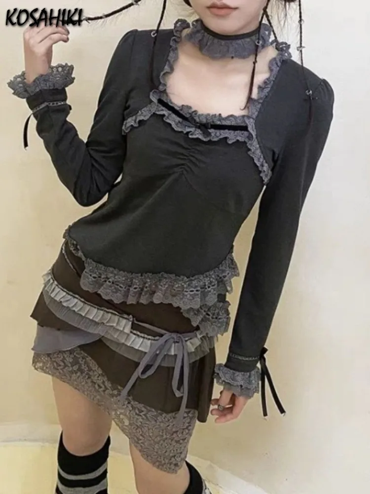 Женская Винтажная Футболка составного кроя Y2k милые облегающие футболки в стиле