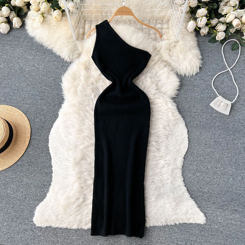 

Сексуальное вязаное облегающее платье на одно плечо, шикарные Элегантные платья миди с диагональным воротником, модное вечернее праздничн...