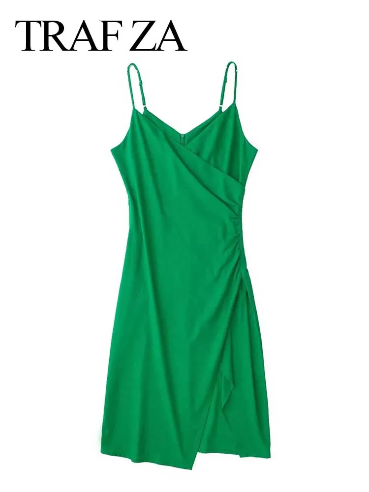 

TRAF ZA Retro Green Elegant Hem Split Lightweight Women's Dress Fashion Cross V-Neck Irregular Sexy Senior Ladies Sling Dress