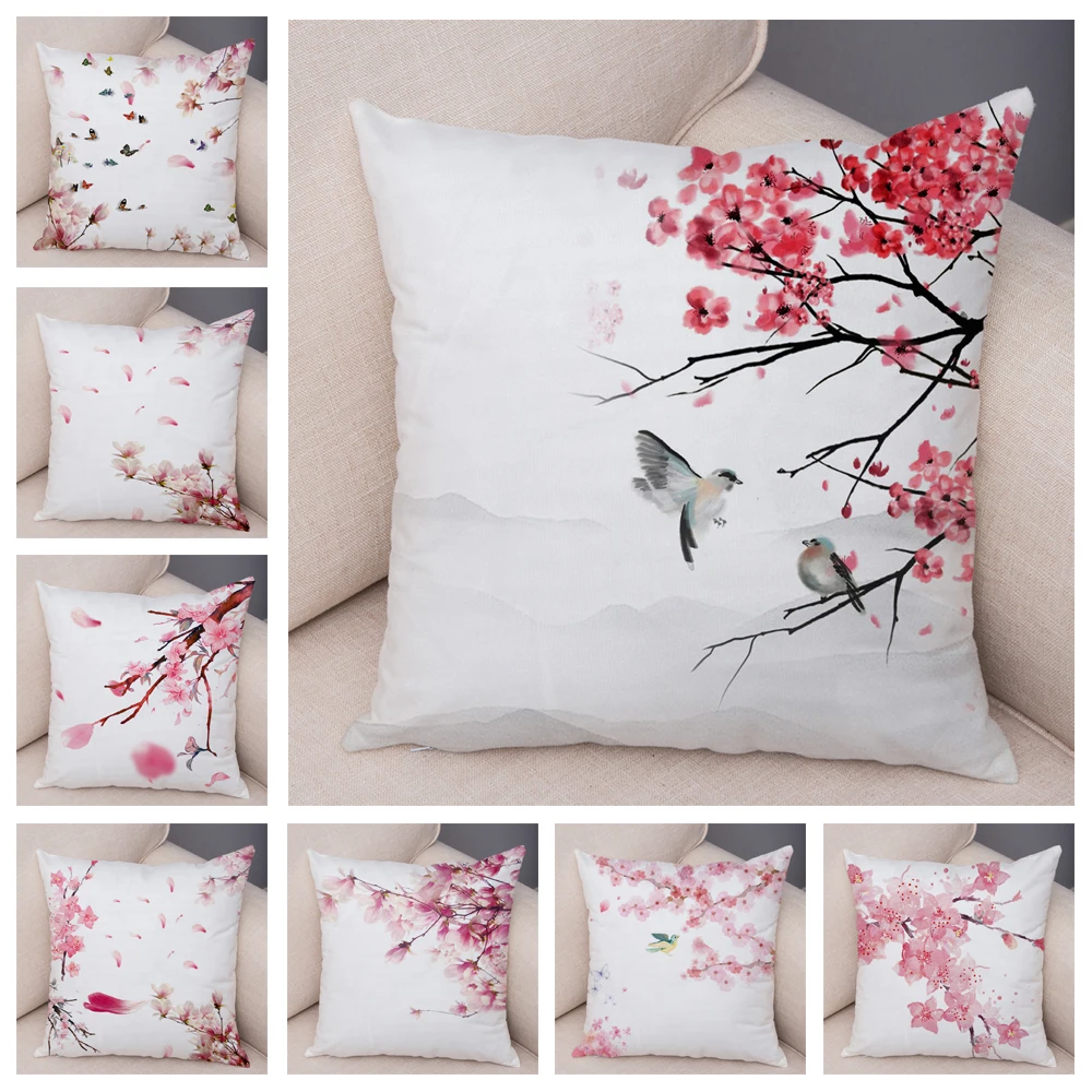 

Pink Peach Blossom Cushion Cover Decor Watercolor Cartoon Plant Tree Pillow Case for Sofa Home Car Soft Plush Pillowcase 45x45cm
