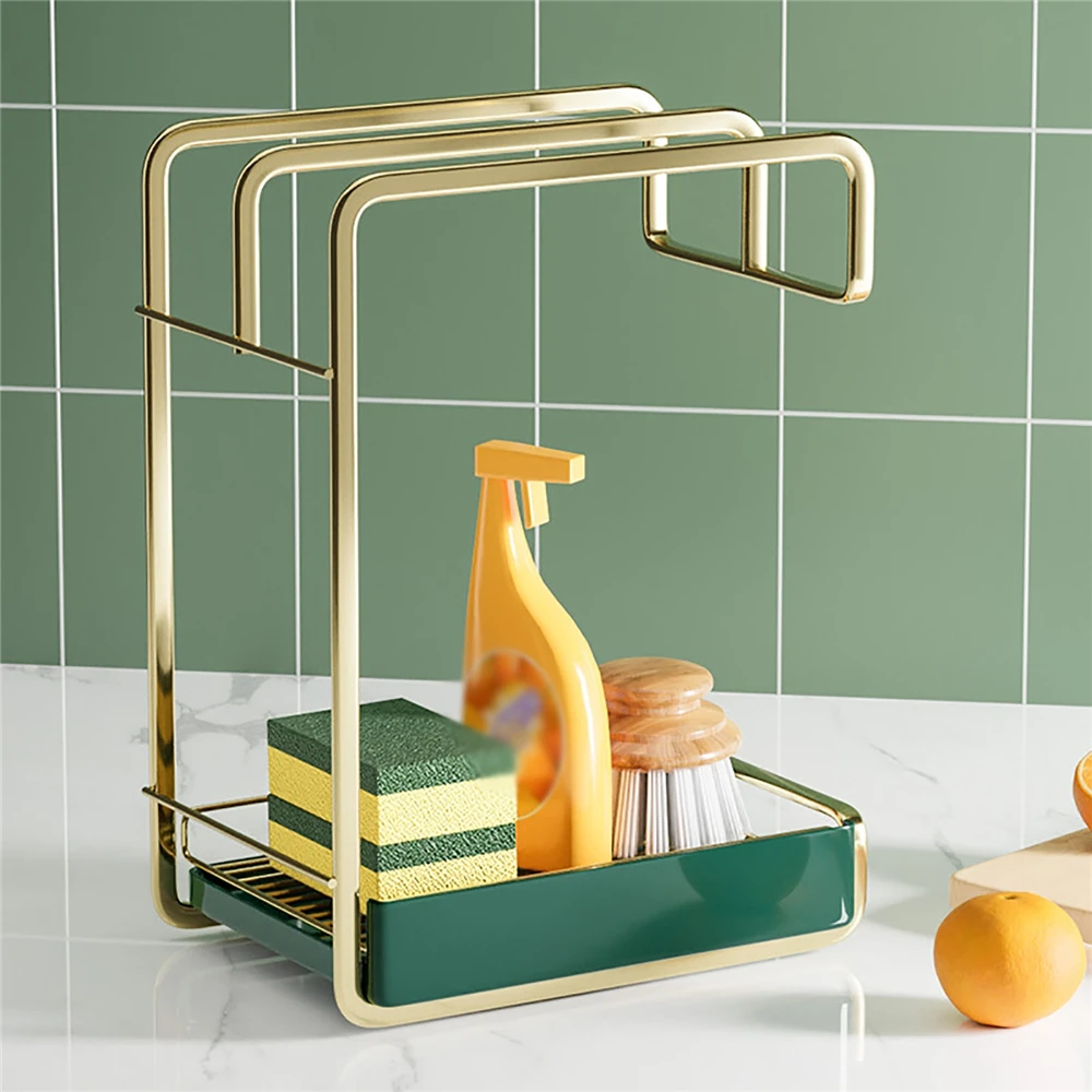 

Punch-Free Wall Hanging Sink Drain Rack Light Luxury Green Kitchen Accessories Organizer Countertops Sponge Rag Soap Basket