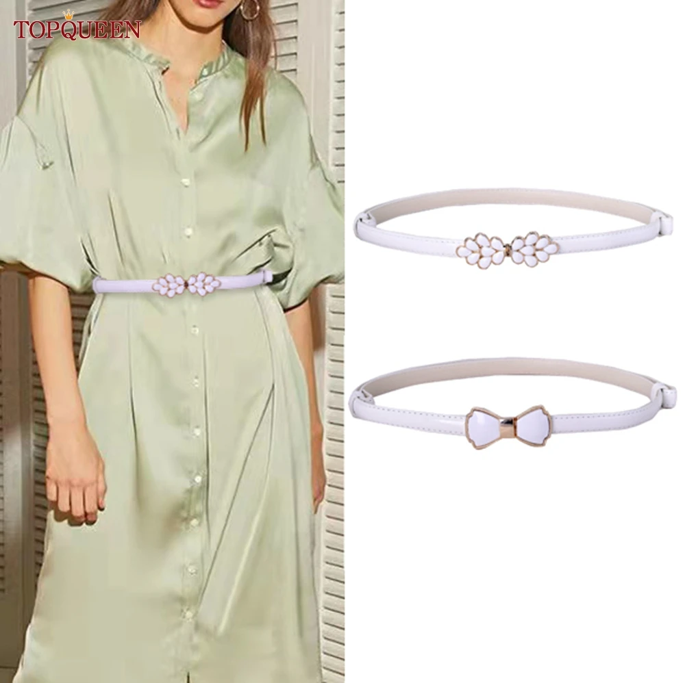 

TOPQUEEN SZ03 Simple And Versatile Belt Dress Women'S Leather White Thin Sash With Metal Button Skirt Accessories