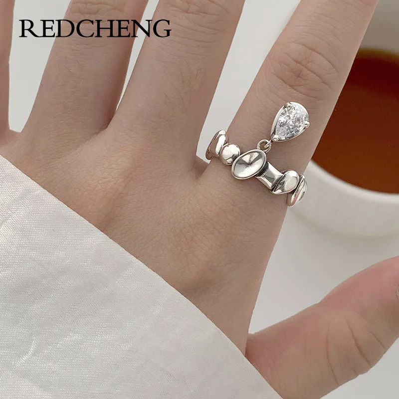 

REDCHENG 925 Sterling Silver Water Drop Zircon Rings for Women Vintage Exquisite Irregular INS Fashion Anniversary Jewelry Gifts