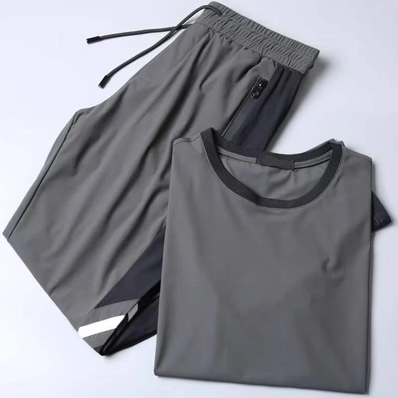 Summer Men's Casual Sports Set Ultrathin Quick Dried Ice Silk Top T-shirt+Pants Thin Casual Sports Men's Set