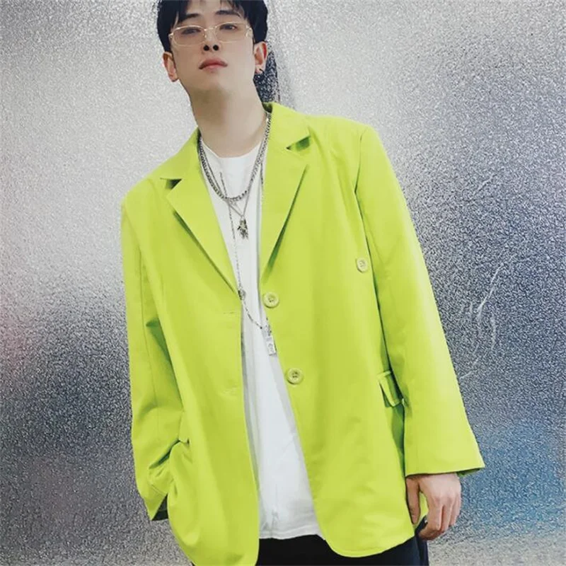 Men's suits single breasted casual blazers fluorescent green vision long sleeve jackets trendy nightclub clothing