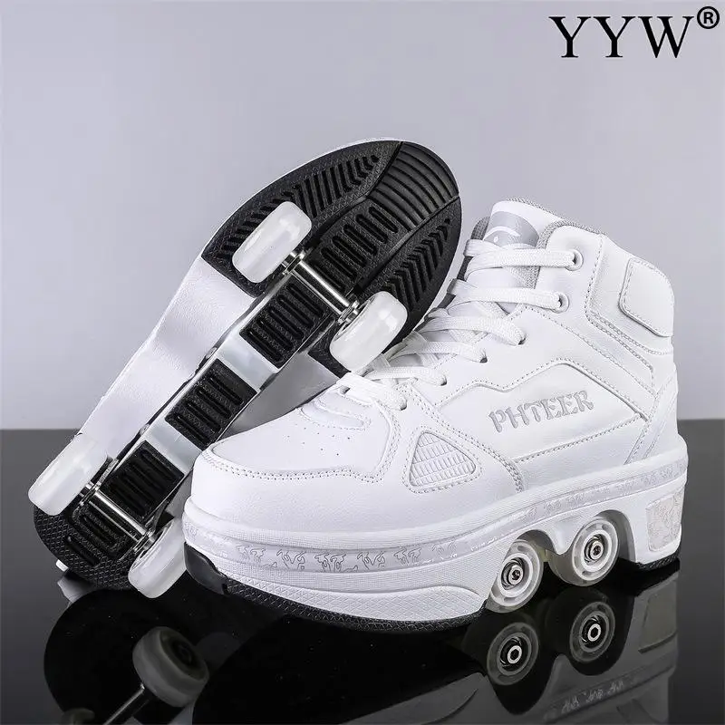 Pu Leather Adult Sport Roller Skate Shoes Casual Deformation Parkour Sneakers Skates With 4-Wheel For Rounds Children Of Running