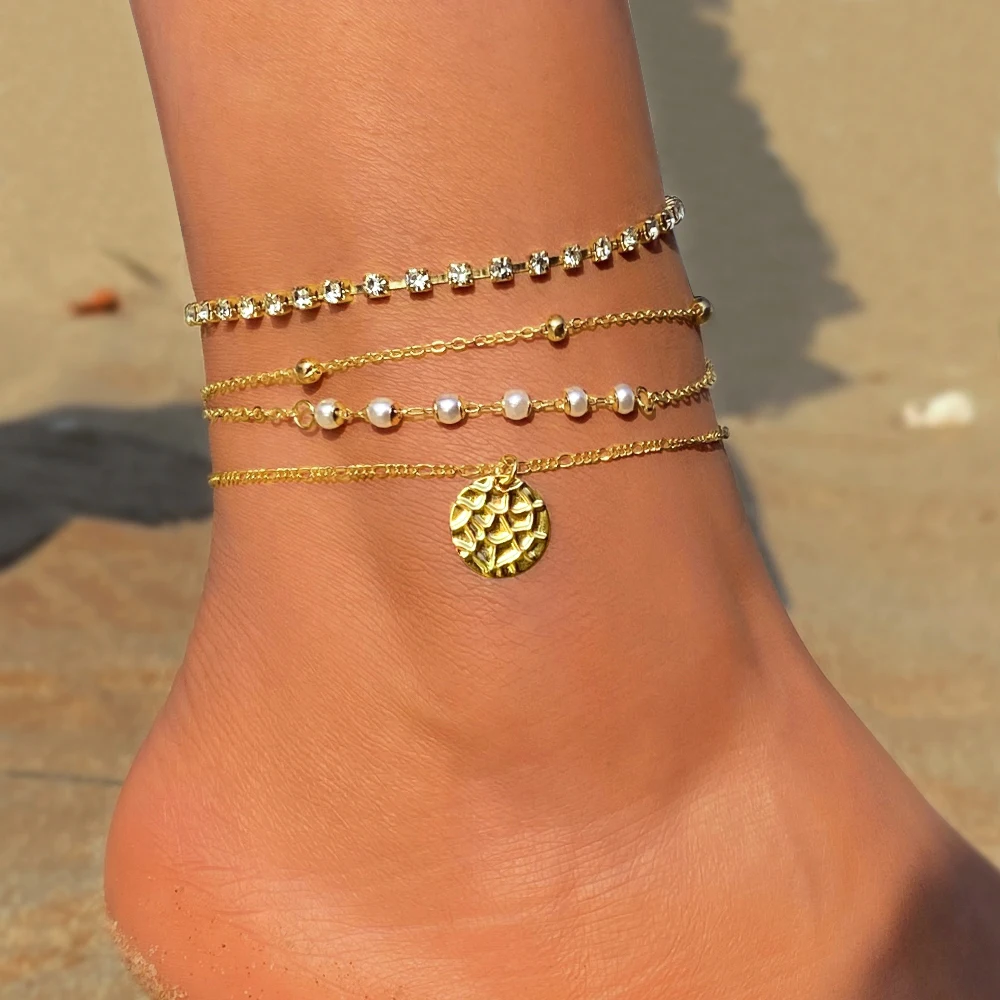 

EN Female Gold Color Round Pendant Anklets For Women Pearl Bead Chain Ankle Bracelets Girls Barefoot on Leg Chain Beach Jewelry