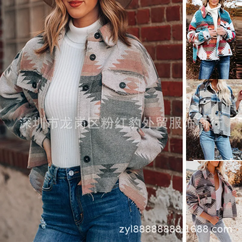 

Women's 2023 Winter New Fashion Retro Printed Woolen Long Sleeve Loose fitting Coat