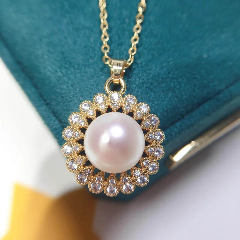

Round Pearl Pendant Boutique Craft Zircon 100% Natural Freshwater Pearl Necklace 18K Gold Plated Banquet Jewelry Gift New Style