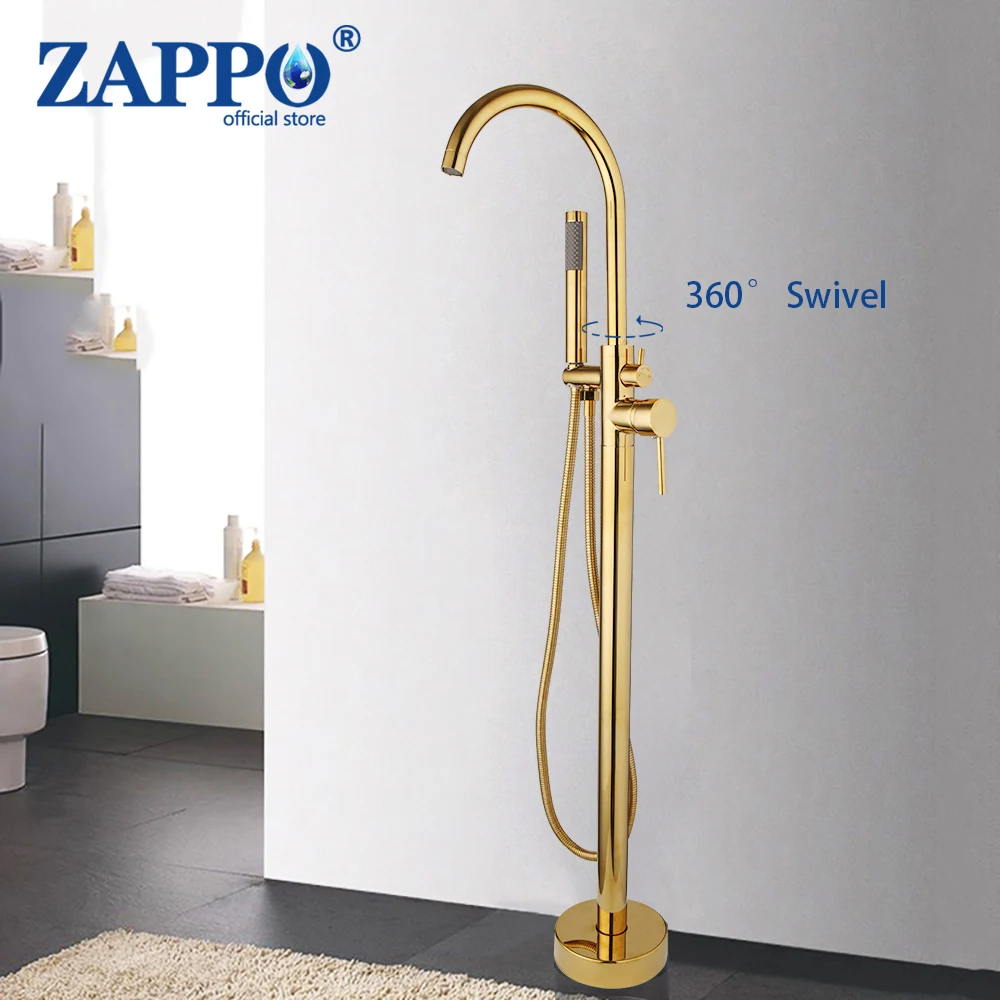 

ZAPPO Floor Mount Bathtub Shower Faucet Gold Plate Bathroom Freestanding Bath Tub Shower Set Swivel Spout Clawfoot Bathtub Mixer