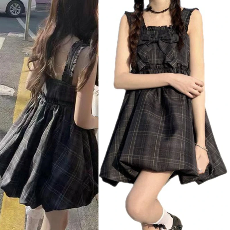 

E9LC Women Ruffle Trim Sleeveless Lolita Bowknot Plaid Bubble Hem A-Line Mini Dress