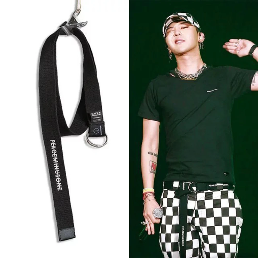 KPOP G-Dragon Long Black Canvas Rope Printing Letter Belt Student Casual Fashion Double Ring Buckle Webbing Waistband