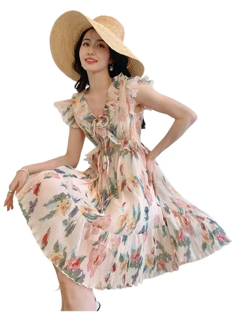 

Женская шифоновая блузка с высокой талией, облегающая юбка с принтом, летняя Милая уличная одежда, тонкие платья