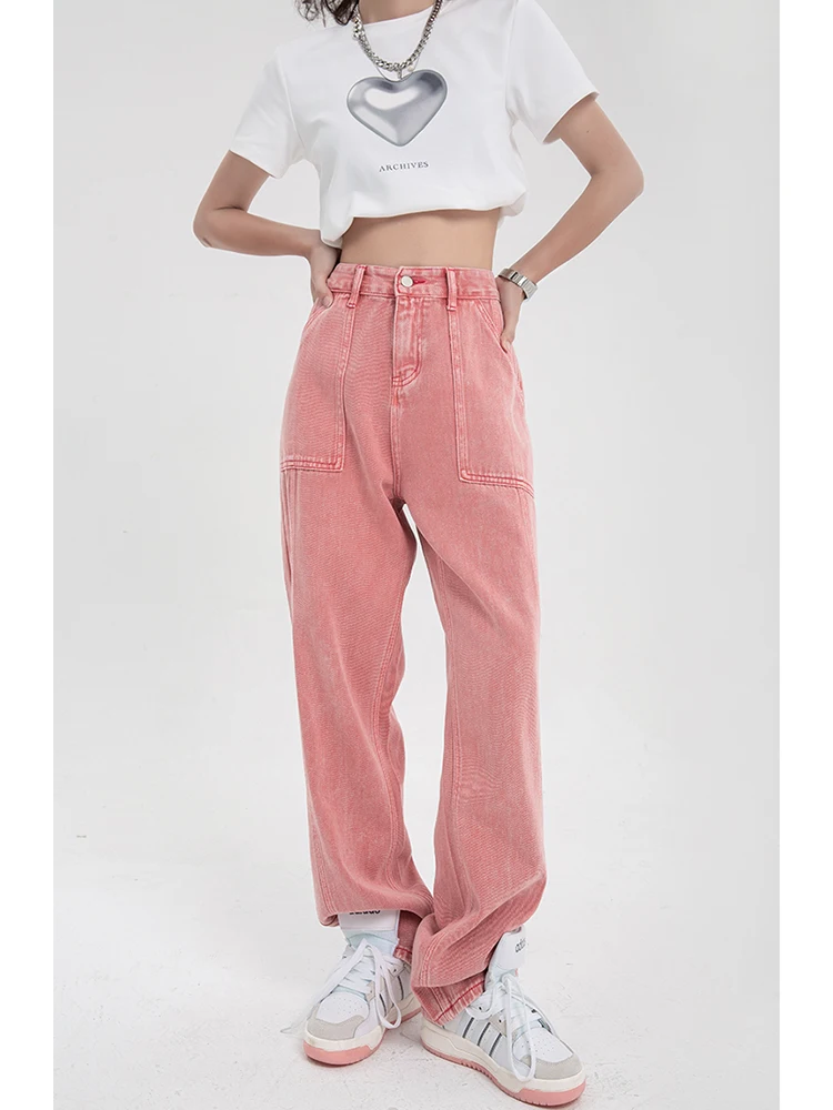 

Джинсы женские с завышенной талией, модные мешковатые розовые джинсы в Корейском стиле, свободные брюки из денима с широкими штанинами, ули...