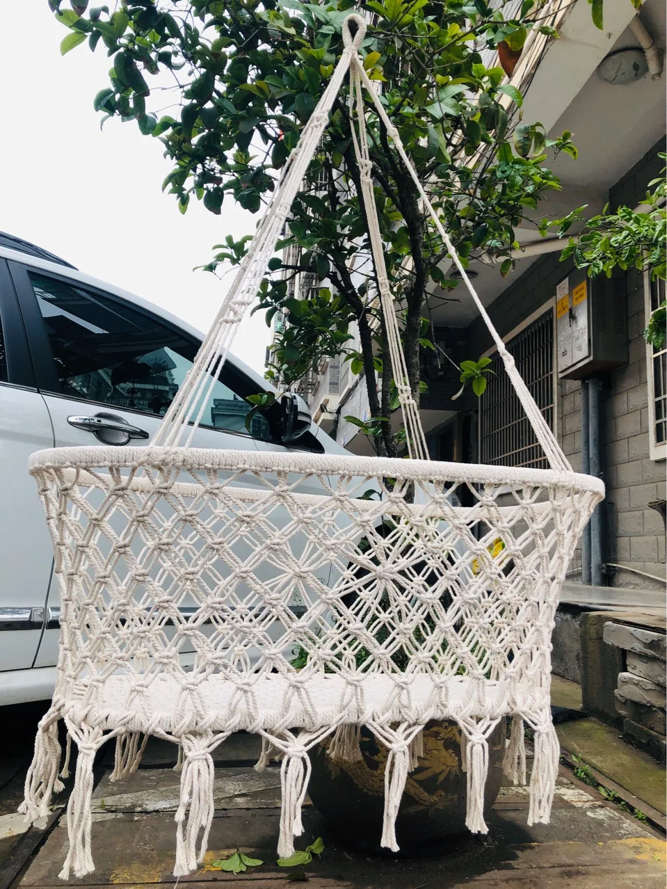 

Newborn Baby Cradle Solid Color Cotton Hollow Mesh Tassel Hanging Basket Indoor And Outdoor Portable Carry Four Seasons New Hot