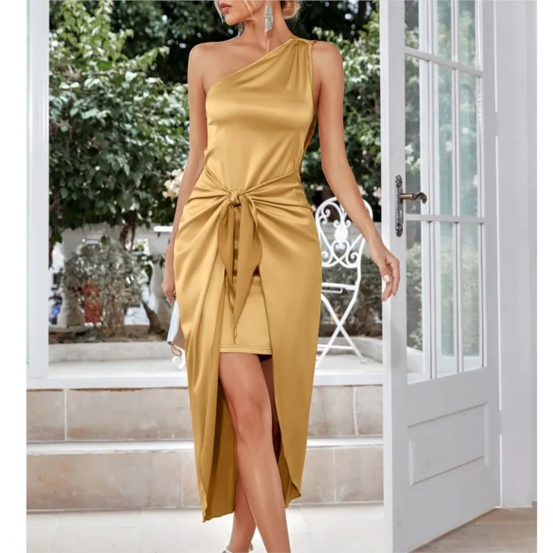 

2023 Summer Casual Party Banquet Elegant Sexy Dress Skirt Solid Color Sloping Shoulders Tied Waist Slim Dress OL Commuter Dress