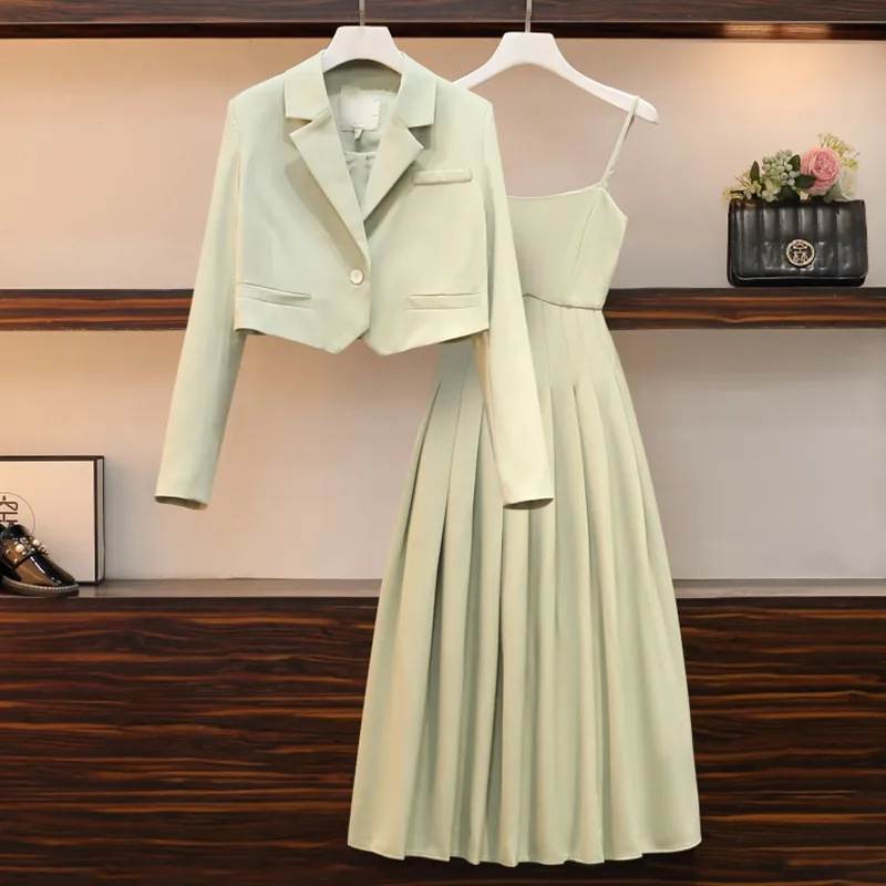 

2022 New Spring Women Summer 2 Piece Sets Lady Fashion Elegant Slim Crop Blazer Coat Pleated A-line Dress 2-piece Suit Sets