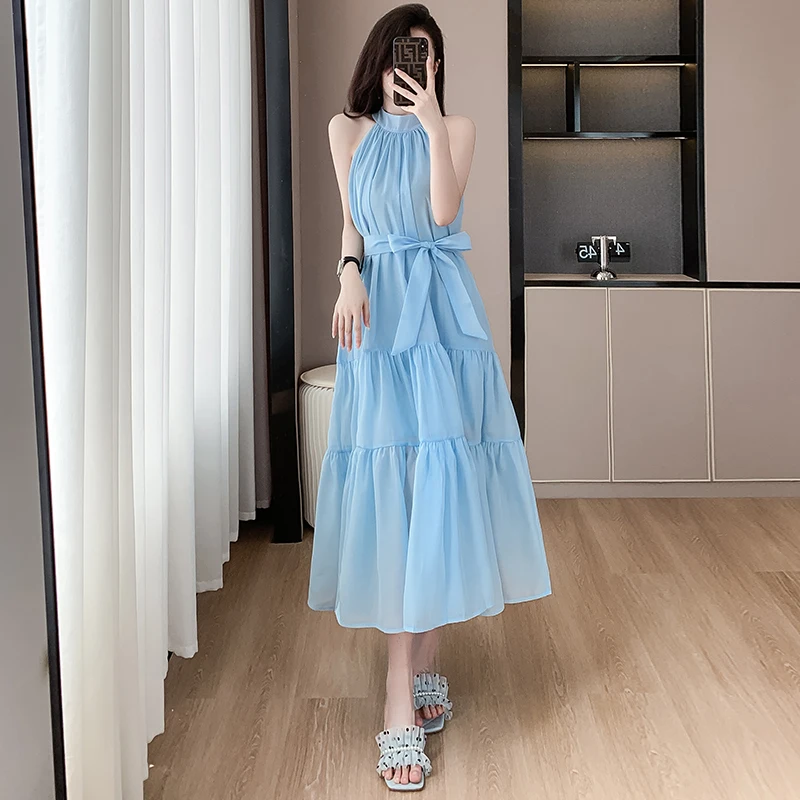 

Women's Sleeveless Midi Dress, Bow Decor, Blue, Monochromatic, Chic, Designer, Chic, Summer Fashion, Boutique Robes