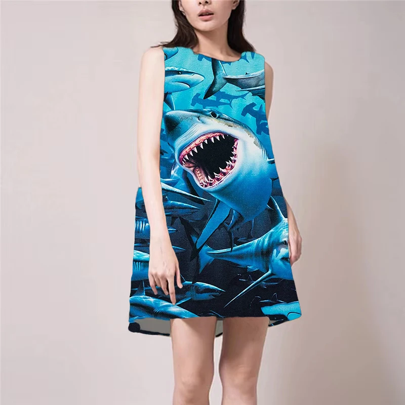 

Женское уличное мини-платье с 3D принтом акулы, Пляжное повседневное короткое платье, летнее женское мини-платье оверсайз без рукавов