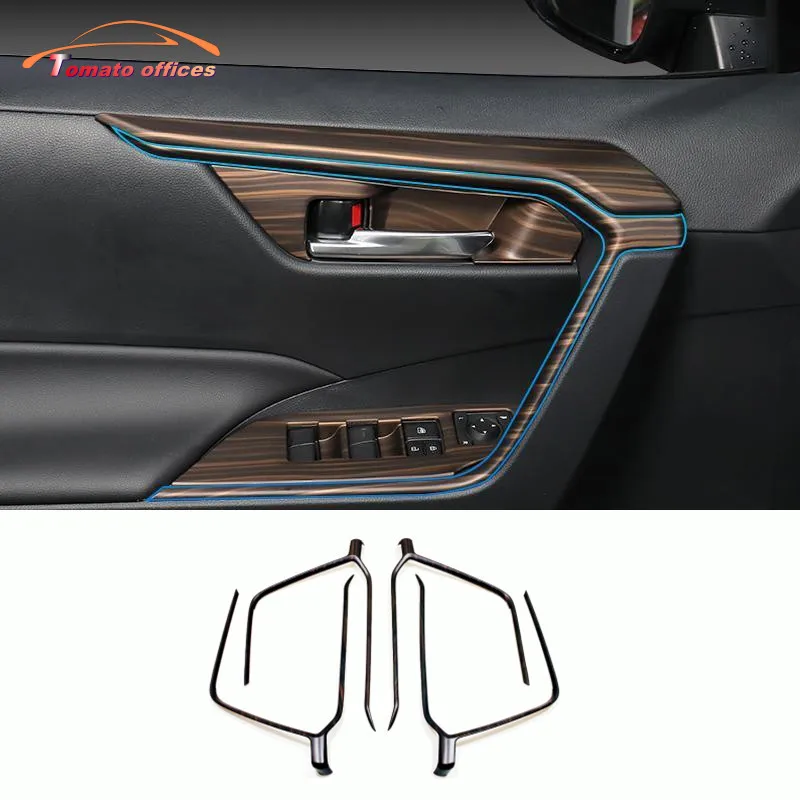 

For Toyota RAV4 2019 2020 2021 Car Door Lift Armrest Decorative Door Bowl Strip Trims Cover ABS Wood Grain Interior Accessories