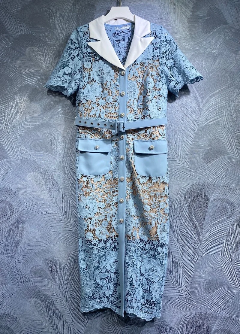 

Женское кружевное коктейльное платье, синее облегающее платье миди с отложным воротником и вышивкой крючком, лето 2023