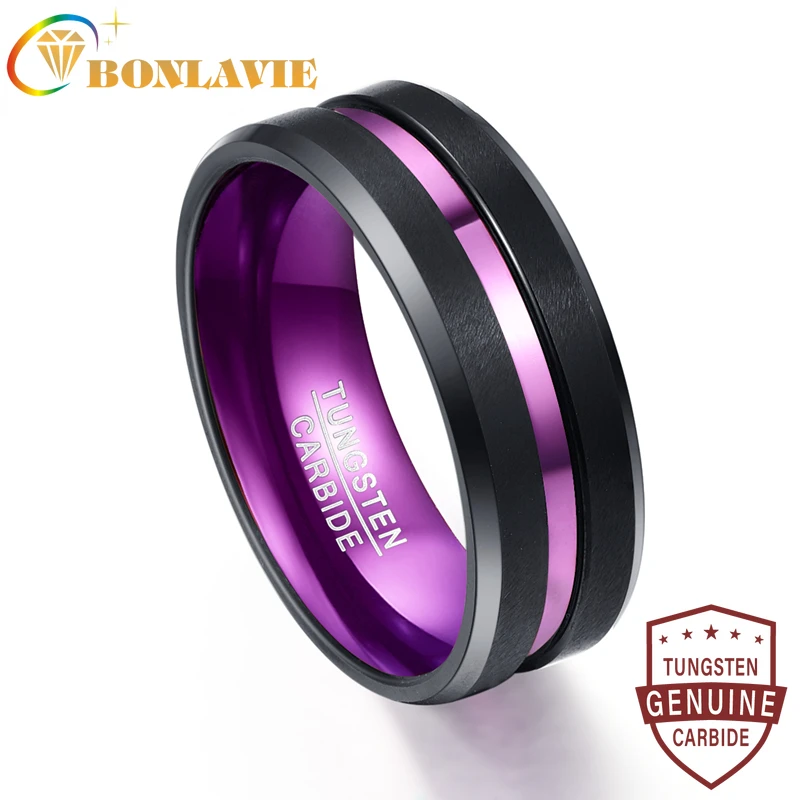 

BONLAVIE 8mm Width Purple Inner Ring Scrub Groove Men Ring Tungsten Carbide Anillos Para Hombres Male Fashion Jewelry Men's Ring