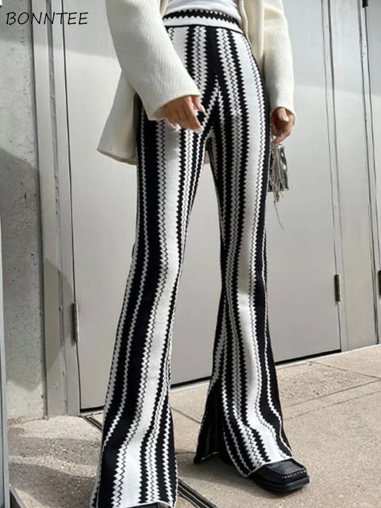 

Pants Women Autumn Slim Striped Flare Knitted Korean Style Fashion High Waist Side-slit Personality Daily Chic New