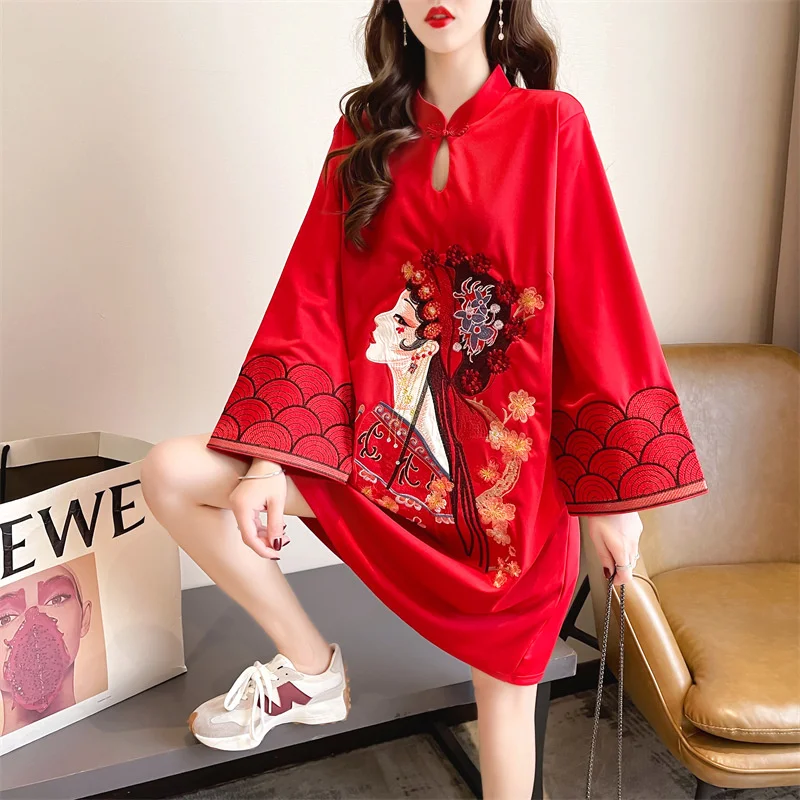 

#4474 черное, красное, винтажное женское платье-футболка с длинным рукавом, свободное, винтажное, с 3D принтом, ретро платье с воротником-стойкой, в китайском стиле, лето