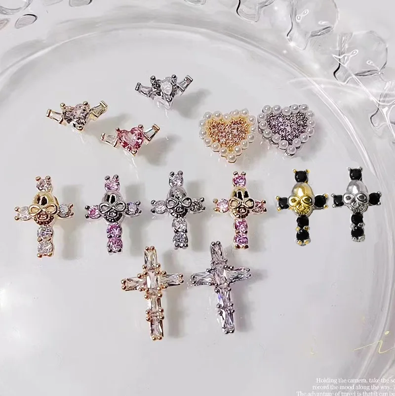 

5 Pcs Retro Punk Metal Personality Alloy Zircon Diamond Skull Cross Nail Ornament Halloween Cross Manicure Accessories