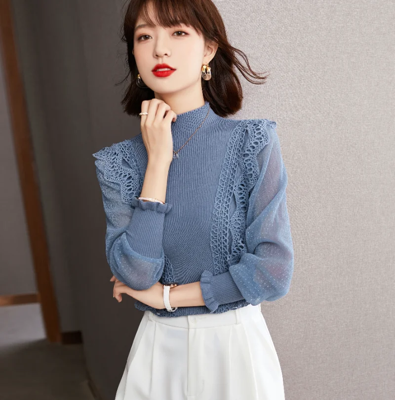 

Женская кружевная блузка в стиле пэчворк, свободная Модная рубашка с длинными рукавами и оборками, корейский топ с круглым вырезом, новая одежда регулируется, лето 2023